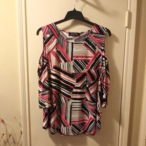 Kasper, red and black diagonal cold shoulder shirt